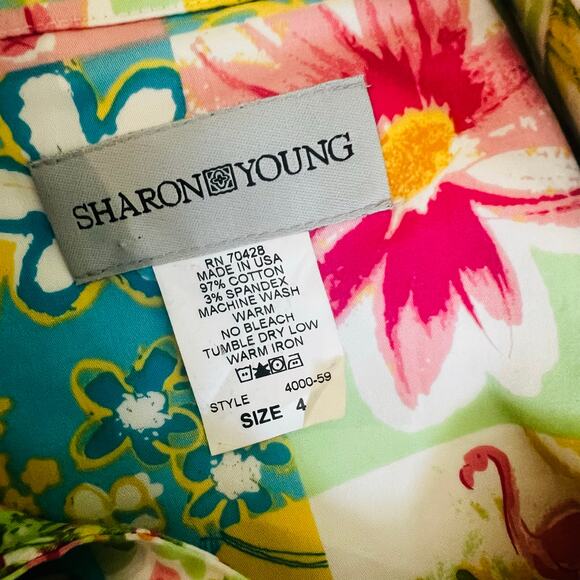 Sharon Young Patchwork Floral Tropical Print Sleeveless Shirt Dress Size 4 - Picture 3 of 7